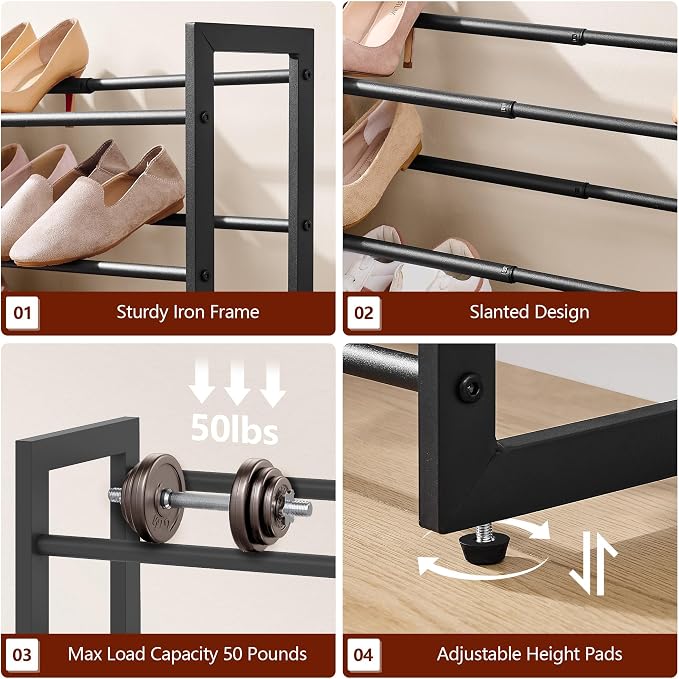 FAVOOSTY 4-Tier Expandable Shoe Rack, Adjustable Shoe Shelf Storage Organizer Space Saving Metal Free Standing Shoe Rack for Entryway Closet Doorway, Black - Image 6