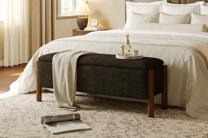 Modern Storage Benches with Walnut Wood Legs, 47'' Ottoman Bench with 20 Gallons Storage Space for Bedroom End of Bed, Fabric Upholstered Entryway Bench with Seating for Livingroom, Gray by Quenvo