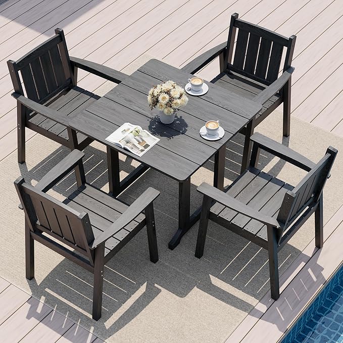 Pamapic 5 PCS Outdoor Dining Set, Spacious HDPE Outdoor Table and Chairs, Wood Grain Patio Furniture Sets with Elegant Armrest, All-Weather Patio Dining Table with Umbrella Hole, Gray by Pamapic