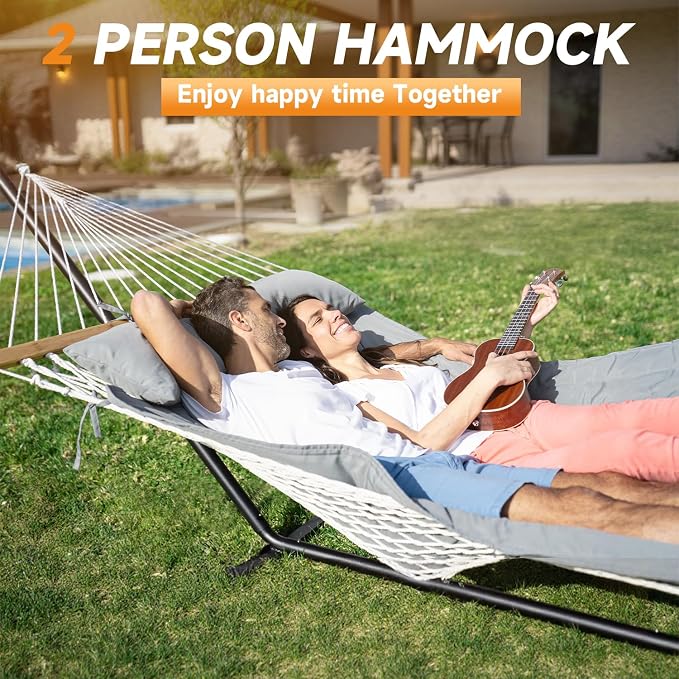 Everyfun 2 Person Outdoor Hammock with Stand, Cotton Rope Hammock with Polyester Pad, Adjustable Steel Frame, Portable with Carrying Bag – for Patio, Backyard, Garden, Beach, Urban-Gray - Image 4