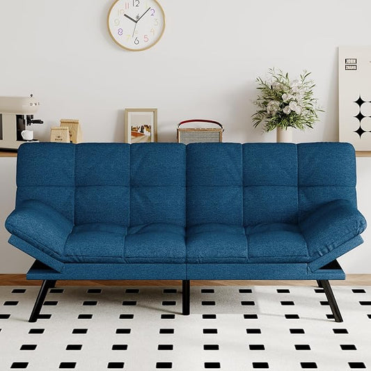 Futon Sofa Bed Convertible Couch, Blue Linen Sofa Bed with Memory Foam, Adjustable Backrest & Armrests, Multifunctional Small Loveseat Sleeper Sofa for Living Room, Apartment, Office