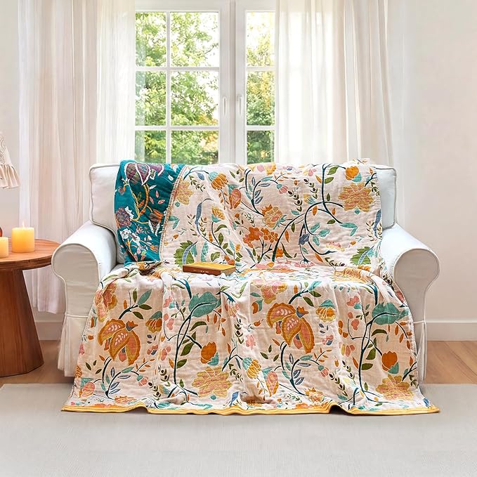 Boho Throw Blanket - 90"x90" 100% Cotton Ultra Soft Lightweight Blanket, 4-Layer Breathable Muslin Spring Blankets for Bed Couch, Reversible Green Floral Printed Bohemian Cotton Quilt