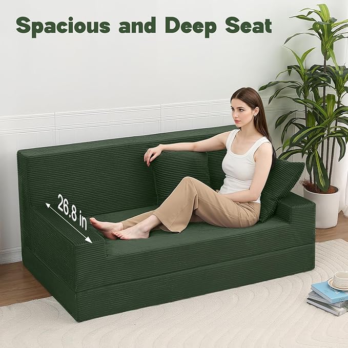 MeMoreCool Boneless Loveseat Sofa Bed – Dark Green Corduroy Convertible Futon Couch, Foldable Floor Sleeper with Foam & Pillow, Washable Cover for Bedroom, Apartment, Small Living Room