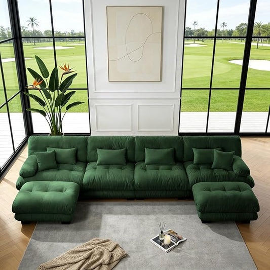 173.2" U-Shaped Cloud Couch, Oversized Modular Sectional Sofa, Deep Seat Cloud Boneless Couch, 4-Seat Modular Sectional Sofa with 2 Ottoman or Living Room,Bedroom and Apartment, Green
