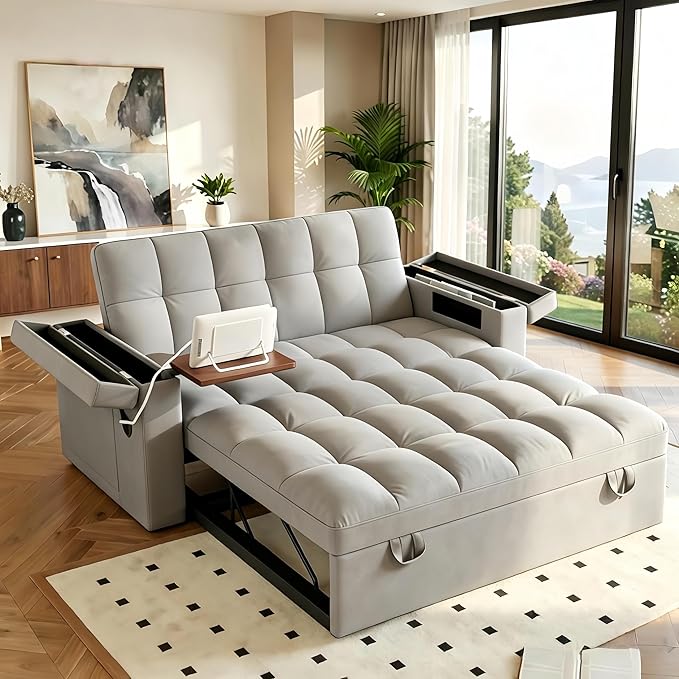 Convertible Sofa Bed, 5-in-1 Pull Out Couch with Side Table, Loveseat Sleeper Sofas Bed Couch with USB Port, 65‘’ Velvet Pull Out Sofa Beds for Living Room, Bedroom, Apartment