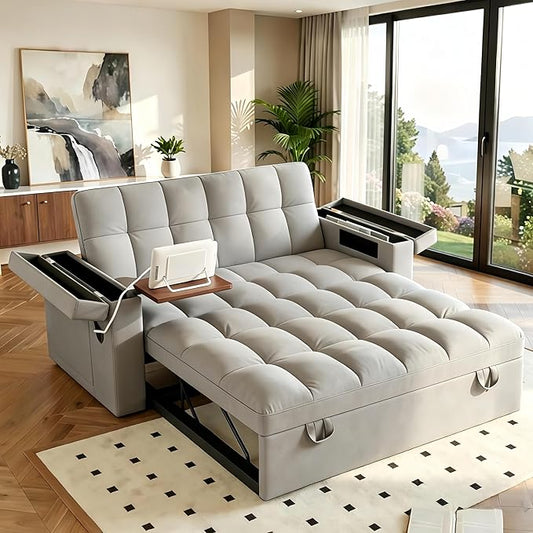Convertible Sofa Bed, 5-in-1 Pull Out Couch with Side Table, Loveseat Sleeper Sofas Bed Couch with USB Port, 65‘’ Velvet Pull Out Sofa Beds for Living Room, Bedroom, Apartment