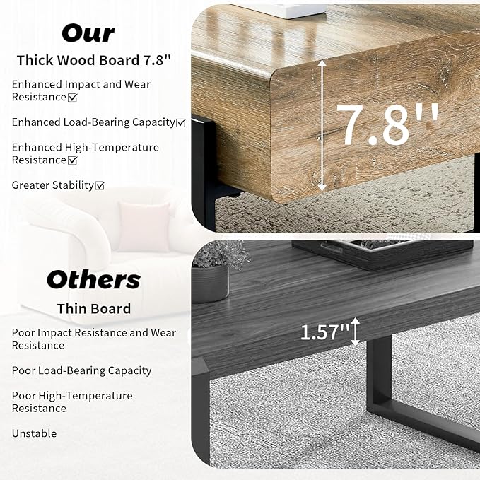 47.24" Rectangle Coffee Table, Wood Coffee Table Center Table with 7.8" Thick Tabletop Metal Legs Rounded Corners for Living Room Office, Natural Wood