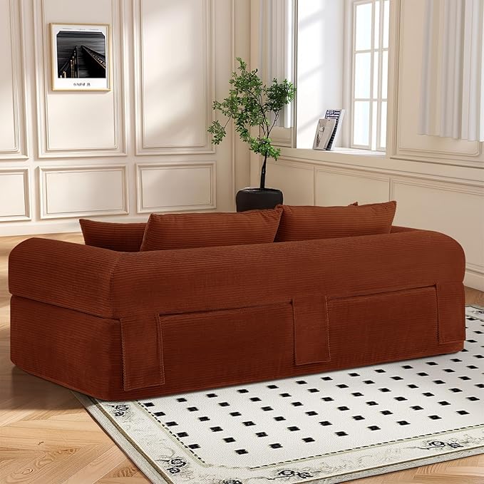 83" Modern Sofa in a Box, No Assembly Oversized 3 Seater 28" Deep Seat Cloud Sofa Bed Couch with 4 Furry Pillows & Corduroy Fabric, Boneless Couch with Side Storage Pockets for Living Room, Orange