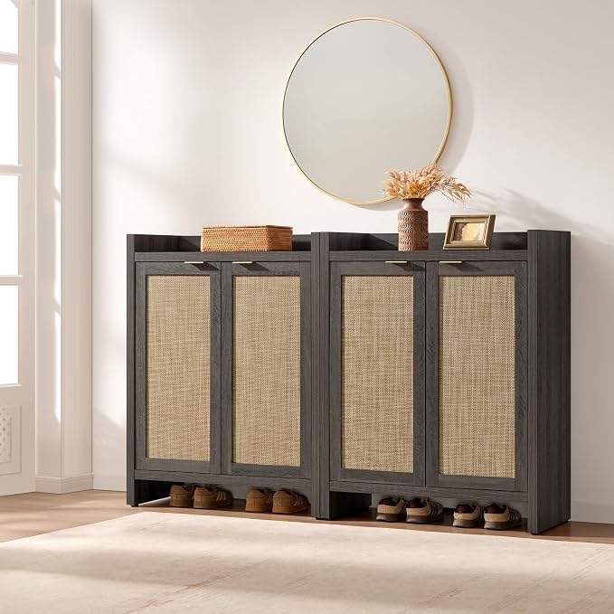 SICOTAS Shoe Cabinet Set of 2, Large Capacity Shoe Storage Organizer Cabinet, Tall Rattan Shoe Cabinet with Doors and Shelves, 6-Tier Farmhouse Boho Wooden Storage Cabinet for Entryway, Black Oak - Image 9