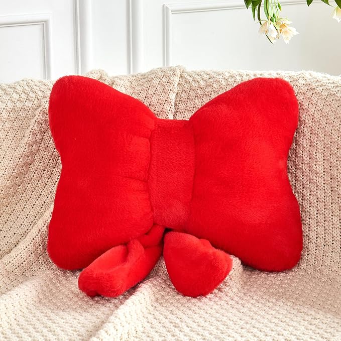 XVTRU Red Bow Pillow, Soft Bow Decorative Pillows with Faux Rabbit Fur, Cute 12" Bow Throw Pillows, Aesthetic Home Decor Bow Shaped Plush Pillow for Bedroom Sofa Couch