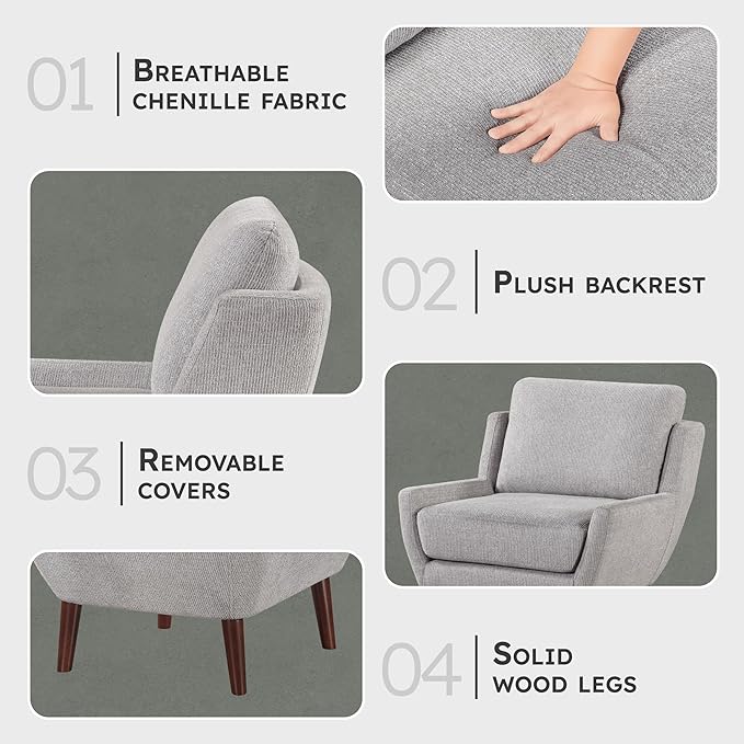 Lexicon Modern Wingback Accent Chair, Chenille Fabric Upholstered Lounge Reading Arm Chair, Solid Wood Legs for Living Room, Bedroom, Supportive Padded Pocket Coil Seat, Easy Assembly, Gray