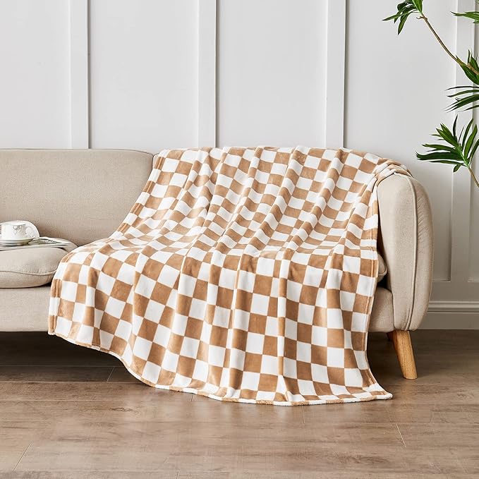 Edenleaf Checkered Blanket Flannel Throw Blankets Soft Cozy Checkered Grid Print Chessboard Gingham Pattern Throws for Bed Sofa Couch for All Seasons, 50x60 Inch, Blonde