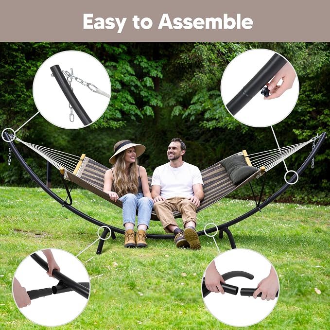 SUNCREAT Hammocks for Outside with Stand, Porch Hammock and Stand, 475 lbs Capacity, Patent Pending, Gray Stripes - Image 6