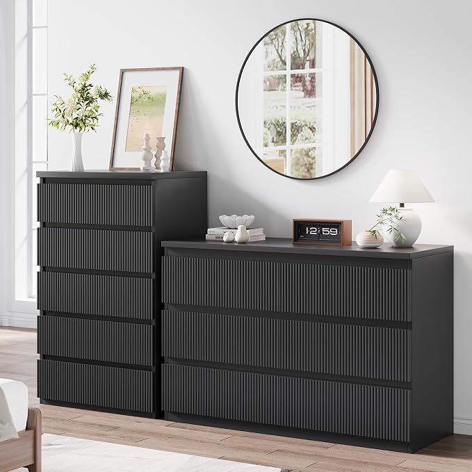 Jocoevol 5 Drawer Dresser, 43" Tall Dresser Chest of Drawers Fluted Design, Wood Mid Century Vertical Dresser Natural Texture for Bedroom, Black Dresser - Image 9