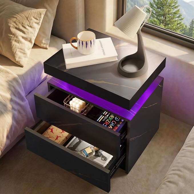 i-aplus LED Night Stand Modern Nightstands with 2 Drawers LED Bedside Tables Bedroom Night Stand - Image 4