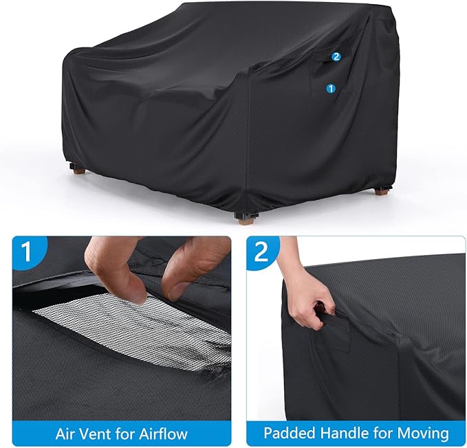 Heavy Duty Patio Sofa Cover Waterproof, Mrrihand 2-Seater Outdoor Sofa Loveseat Cover, Outdoor Patio Furniture Cover with Air Vent and Handles, 60" W×34" D×30" H, Black - Image 4