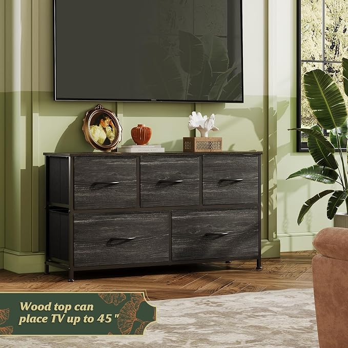 WLIVE Dresser for Bedroom with 5 Drawers, Wide Chest of Drawers, Fabric Dresser, Storage Organizer Unit with Fabric Bins for Closet, Living Room, Hallway, Charcoal Black Wood Grain Print - Image 4