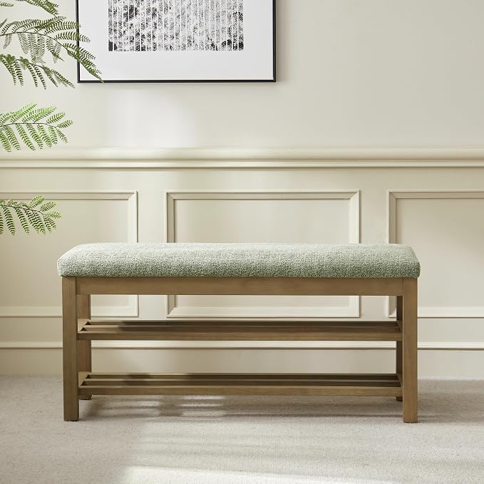 VKNOW 44.3” Wooden Entryway Bench, 2-Tier Upholstered Shoe Bench for Bedroom, Storage End of Bed Bench with Rubberwood Legs for Living Room, Hallway, Green - Image 7