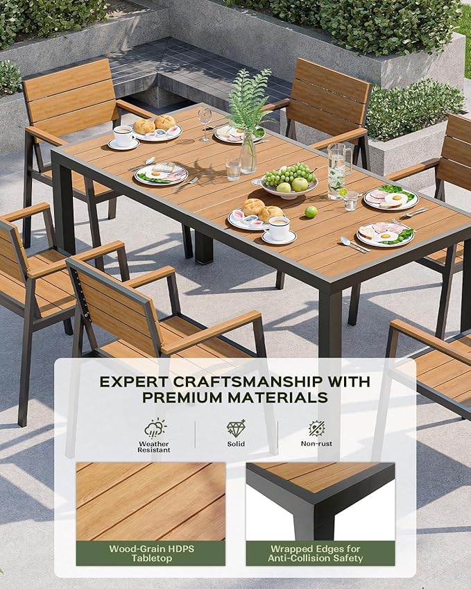 Vexwalx 67" HDPS Outdoor Patio Dining Table, Aluminum-Edged Outdoor Dining Table with Umbrella Hole, Weather-Resistant for Lawn, Garden, Poolside and Indoor Use, Gray&Teak - Image 2