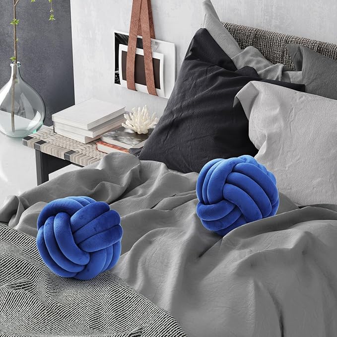 Namalu 2 Pcs Soft Knot Pillow Ball, Decorative Round Throw, Soft Knotted Plush Pillows, Handmade Stuffed Ball Pillows Cushion for Bedroom Sofa Couch Home Decor(7.87 Inches,Deep Blue)