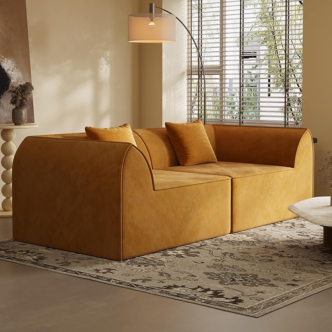 KEIKI 98.43'' Sofa Bed with Rectangle Pillow & Cushions, 2-Seater Convertible Chair, Folding Memory Foam Floor Couch & Sleeping Mattress, Modern Fabric Sleeper Sofa for Bedroom & Living Room,Orange