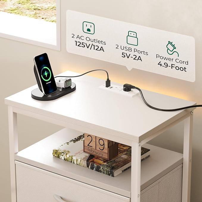 Huuger Nightstands Set of 2, End Tables with Charging Station, Side Tables with Fabric Drawers, Bedside Tables with USB Ports and Outlets, Night Stands, PU Leather, White - Image 4