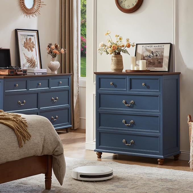 Joaxswe Farmhouse 5 Drawer Dresser for Bedroom, 35" Tall Rustic Chests of Drawers w/ 4 Solid Wood Feet, Mid Century Modern Wooden Closet Storage Dressers Organizer for Living Room, Hallway,Blue - Image 7
