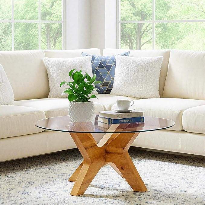 ivinta Round Glass Coffee Table, 31.5" Modern Center Table with Tempered Glass and MDF Legs for Living Room, Office, Tree (Natural Wood)