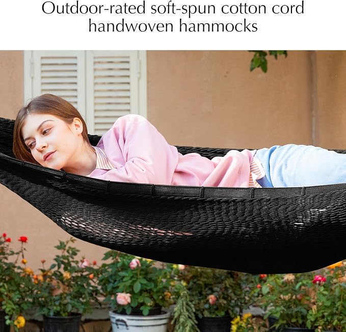 PNAEUT Handwoven Mayan Hammock, Thick Soft Rope Double Hammock for Outdoor Outside & Indoor, 600 lbs Capacity Heavy-Duty, Includes Tree Straps, Carabiners & Carrying Bag (Sombra Negra, X-Large) - Image 4