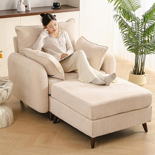 Rexulqo Oversized Accent Chair with Ottoman,All Seats Storage,Comfy Big Armchair,24.5'' Deep Seat,Upholstered Living Room Chairs,Reading Chair,Lounge Chair for Bedroom,Office,Chenille,Cream