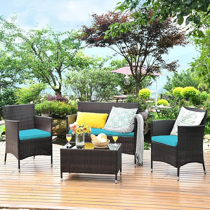 COSTWAY Outdoor Rattan Patio Furniture Set 4 Pieces, Wicker Rattan Cushioned Conversation Conversation Chairs with Coffee Table for Backyard Balcony Porch Poolside, Turquoise