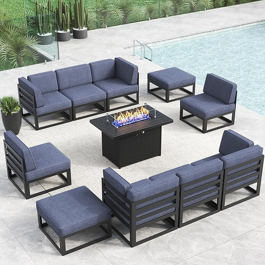 LayinSun Large Aluminum Patio Furniture Set with Fire Pit Table, 11 Pieces Modern Outdoor Conversation Set Sectional Metal Sofa Set with Olefin Cushion