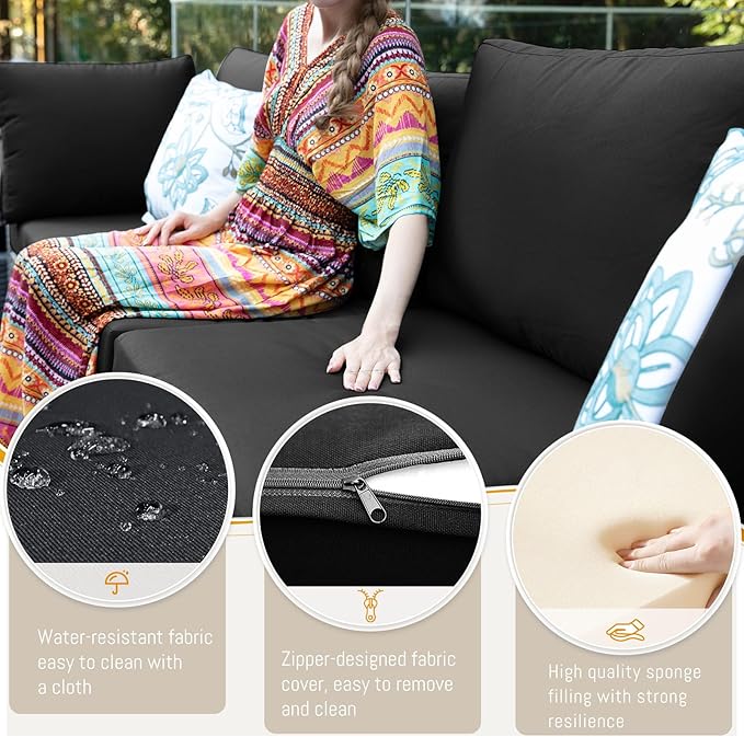 BULEXYARD 9 Pcs High Back Outdoor Sectional Set with Firepit Table, High-End Patio Furniture Seating Set, Big Oversized Wide Deep Modular 8-Seater Couch Sofa for Backyard, Brown Wicker & Black Cushion