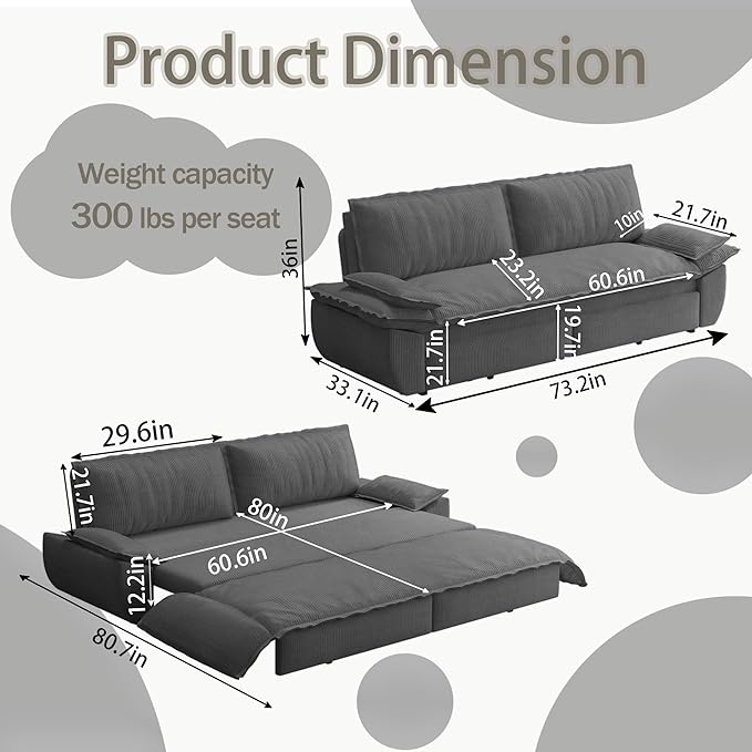 73.2" Queen Size Pull Out Sofa Bed, 3-in-1 Convertible Sleeper, Corduroy Loveseat for Living Room, Apartment, Bedroom Small Spaces, Dark Grey (Mattress & Bedding Not Included)