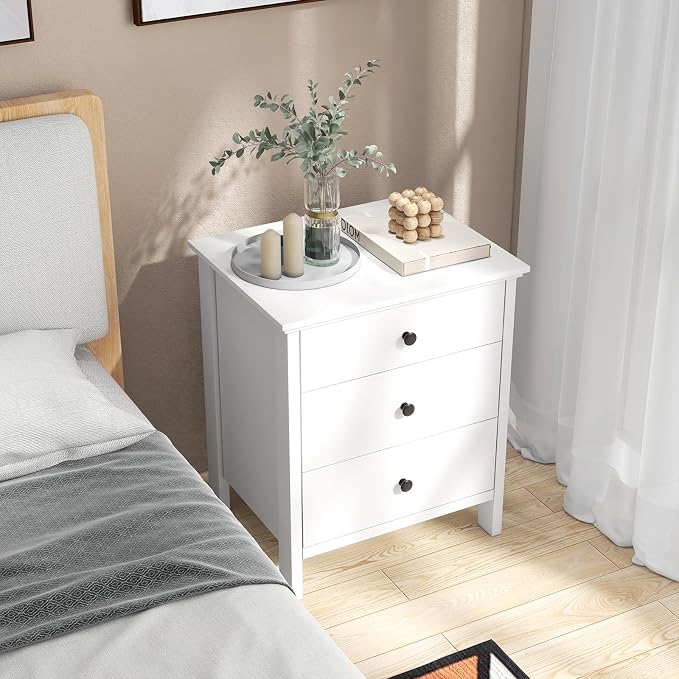 KOMFOTT 3 Drawers Nightstand, Wooden Bedside Table with Ample Storage, Modern Drawer Organizer, Space-Saving Modern Sofa Side End Table for Bedroom Home Office Small Space (White,1) - Image 2