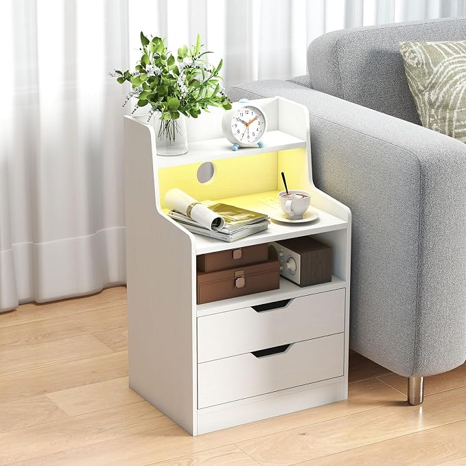 KOMFOTT Nightstand with Charging Station & LED Lights, Smart Night Stand with Hutch & Remote, Modern Side End Table with 2 Storage Drawers for Bedroom Dorm (White,1) - Image 4