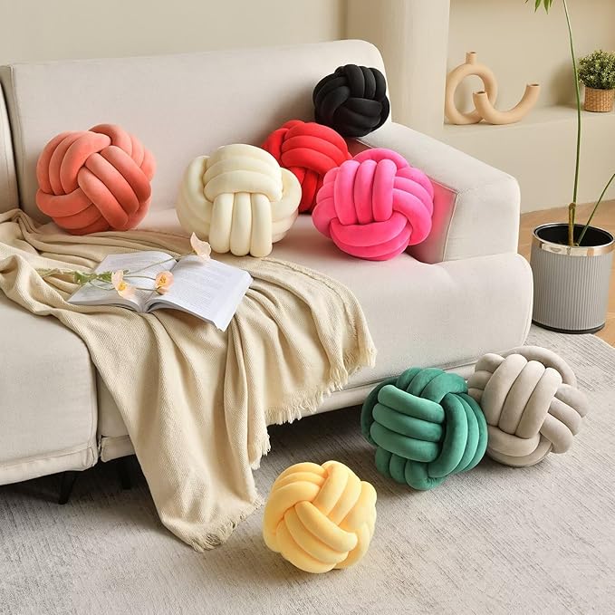 LUSJNGE Decorative Throw Knot Pillow Ball for Home Chair Sofa Couch Bed Aesthetic Round Velvet Knotted Pillow Cushion (Hot Pink, 11 inches)