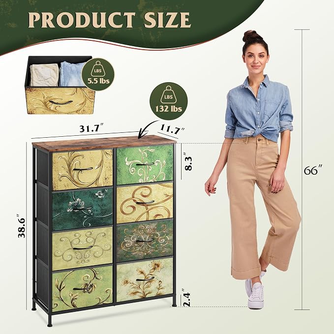 WLIVE Tall Fabric Dresser with 8 Drawers, Storage Tower with Fabric Bins, Double Dresser, Chest of Drawers for Closet, Bedroom, Living Room, Hallway, Dorm, Floral Painted - Image 3
