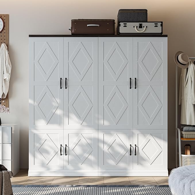 ANCTOR Wardrobe Closet with Doors, 71" H Tall Wooden Closet with 5 Clothing Shelves, Hanging Rod for Clothes, Bedroom Freestanding Armoire Storage Cabinet, Stand Alone Clothing Unit, White