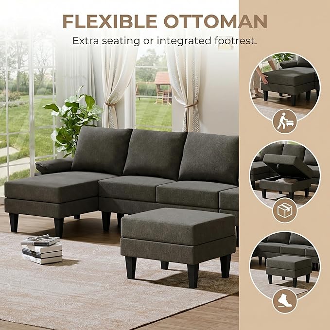 4-Seat U-Shaped Modular Sofa with Double Storage Ottoman - Space-Saving Convertible Lounge Couch for Home & Office, Brown Grey