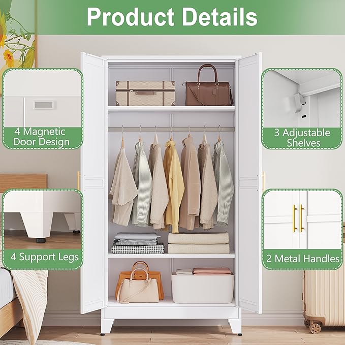 Ckzbx 71" H Metal Armoire Wardrobe Closet, Adjustable Shelve, Clothes Drying Pole, Steel Wardrobe Cabinet for Bedroom (White)