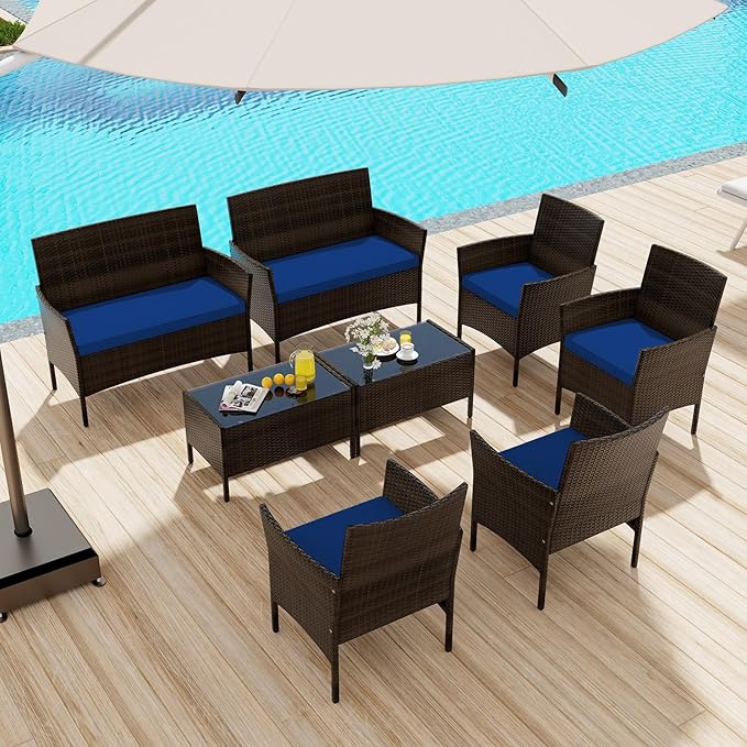 KOTEK 8 Piece Patio Furniture Set, Outdoor Rattan Conversation Set with Loveseat, Wicker Chairs, Tempered Glass Coffee Table, Wicker Patio Set for Backyard, Porch (Navy)