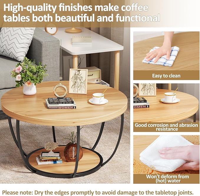 ROOMTEC 31.5" Round Coffee Table, 2-Tier Coffee Tables for Living Room, Small Wood Coffee Table with Storage, Modern Accent Center Table for Living Room & Kitchen