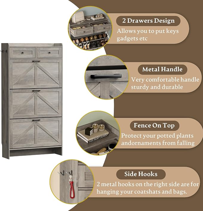 BORNOON Shoe Storage Cabinet for Entryway, Farmhouse Narrow Shoe Cabinet with 3 Flip Drawers & 2 Top Drawers, Adjustable Shelves & Hooks, Freestanding Hidden Rack Organizer for Hallway, Foyer - Image 6