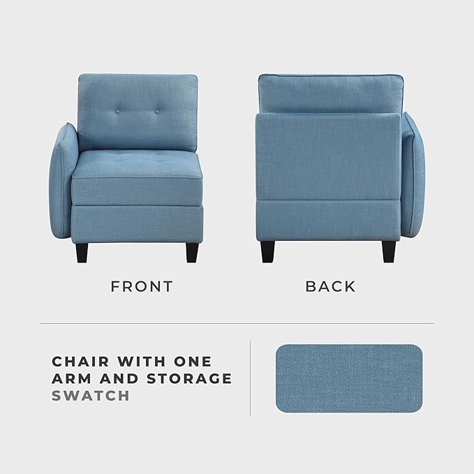 Lexicon Modern Modular One Arm Side Chair with Hidden Storage, Textured Fabric Chair with Button-Tufted Design, Reversible Back Cushion for Living Room/Bedroom/Office, Blue
