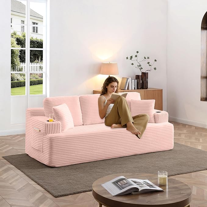 Eafurn Floor Loveseat Boneless Sofa Couch in a Box with Cup Holder and Side Pockets, 3 Seater Comfy Corduroy Upholstered Foam Couch with Deep Seating for Living Room,No Assembly | Breathable material, Cupholders
