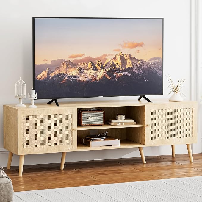 ZttRiee TV Stand for TVs up to 65'', Entertainment Center With Rattan Door, Shelves & 2 Cabinets, Long Boho Media Console for Living Room, Natural - Image 7