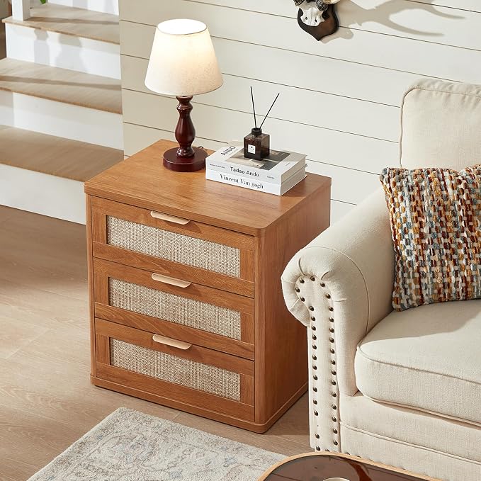LEYAOYAO Rattan Night Stand with Drawers, 23" Large 3 Drawer Boho Nightstand, Natural Wood Bedside Table Storage Cabinet, Bed Side End Tables Dresser for Bedroom, Living Room, Hallway, Closet - Image 7