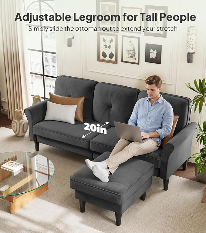 Sofas for Living Room, 83" Velvet Sectional Couch with Moveable Ottoman, Midcentury Modern Small Sectional Couch, L Shape Sofa & 2 Seater, Couches for Living Room, Apartment, Bedroom