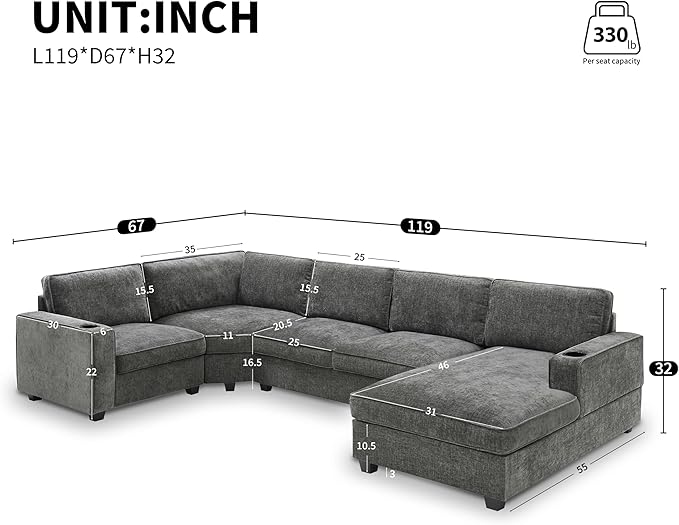 Merax Modern U-Shaped Cloud Couch Set with Oversized Chaise Lounge, Chenille 6-Seat Sectional Sofa Sleeper Bed with Cup Holders for Living Room Dark Gray